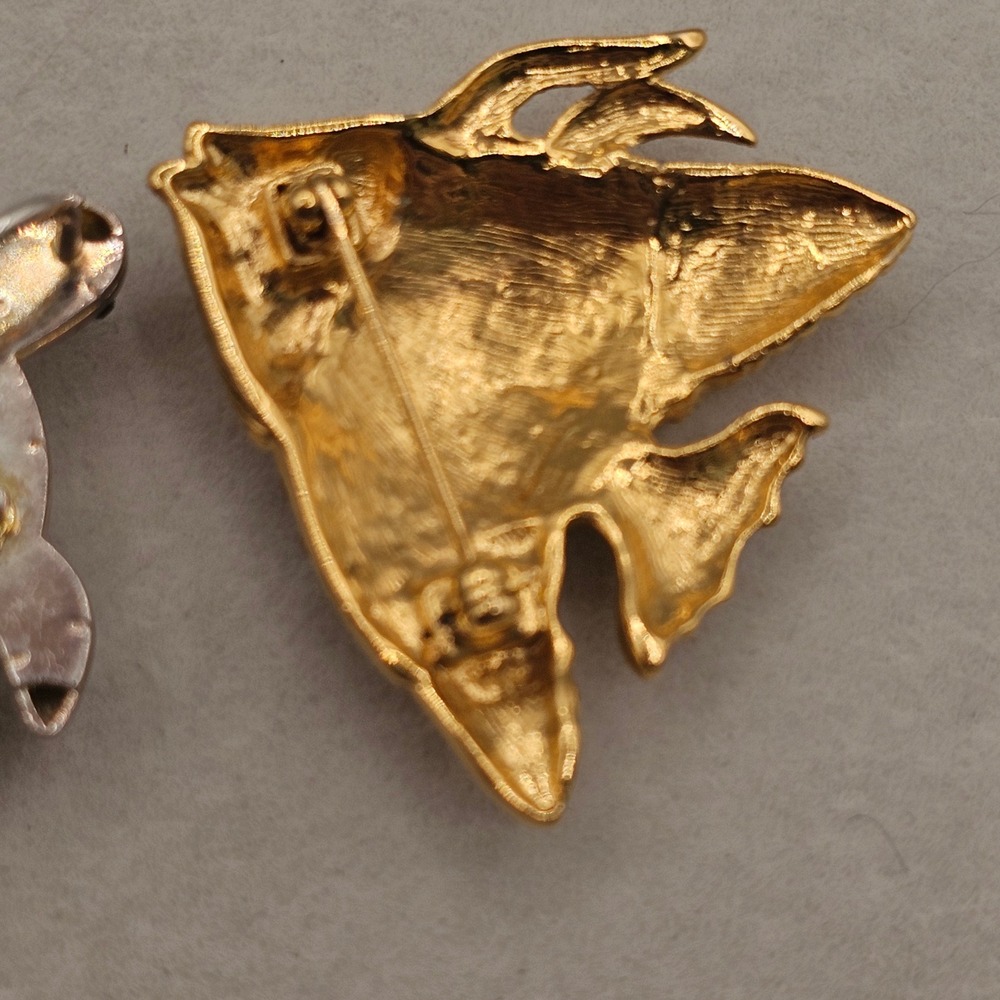 Vintage Rhinestone Turtle and Angel Fish Brooch Pin Set Gold Silver Tone Coastal - Picture 7 of 12